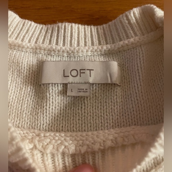 LOFT | Cream Cable Knit Popcorn Long Sleeved Sweater Puff Sleeve | L - Picture 4 of 7